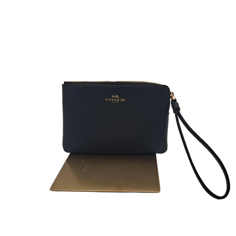 Coach Wristlet Women's Black Crossgrain Leather Gold Zip Pouch